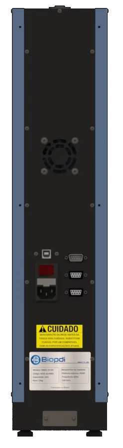 Rear view of the Biopdi MBIOI-1P-M2 portable universal testing machine, showing the fan, the USB and serial ports, the power inlet with on/off switch and the identification plate