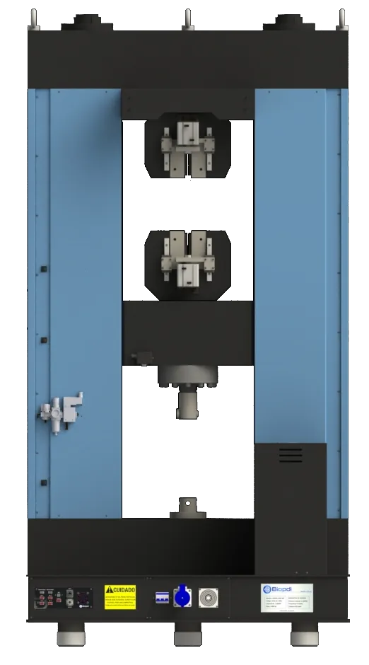 Rear view of the Biopdi MBIOII-1000-M2 floor-standing universal testing machine, showing the upper and lower tensile grips and the connection panel on the base