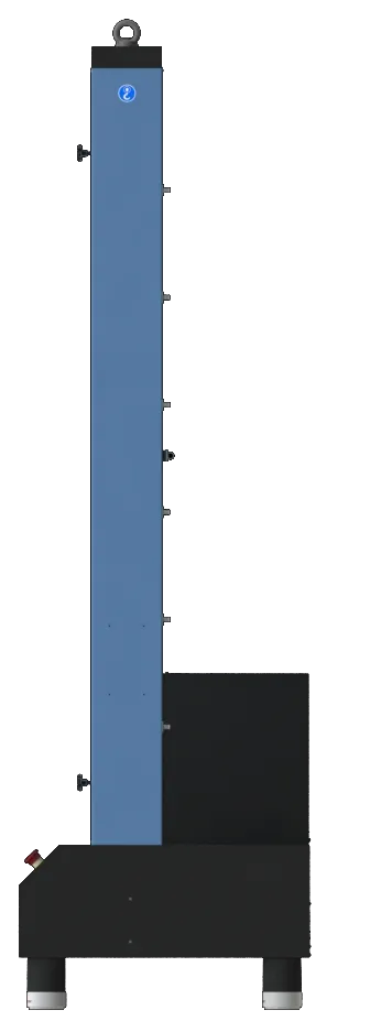 Side view of the Biopdi MBIOII-200-M2 dual-column universal testing machine, showing the depth of the base and the rear cabinet