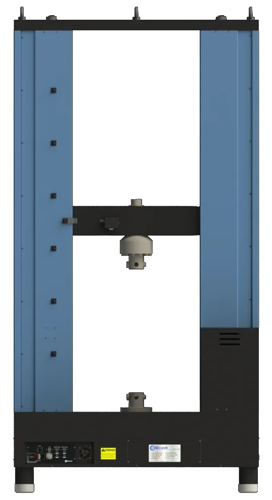 Rear view of the Biopdi MBIOII-200-M2 dual-column universal testing machine, showing the connection panel and the identification plate on the base