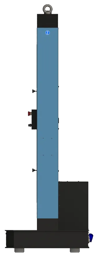 Side view of the Biopdi MBIOII-300-M2 floor-standing universal testing machine, showing the depth of the floor base and the rear cabinet