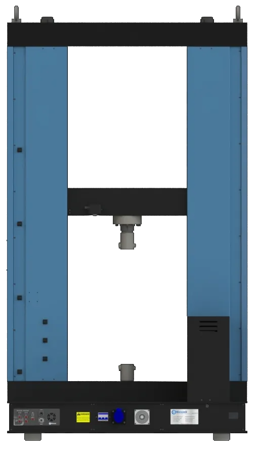 Rear view of the Biopdi MBIOII-300-M2 floor-standing universal testing machine, showing the connection panel and the identification plate on the base
