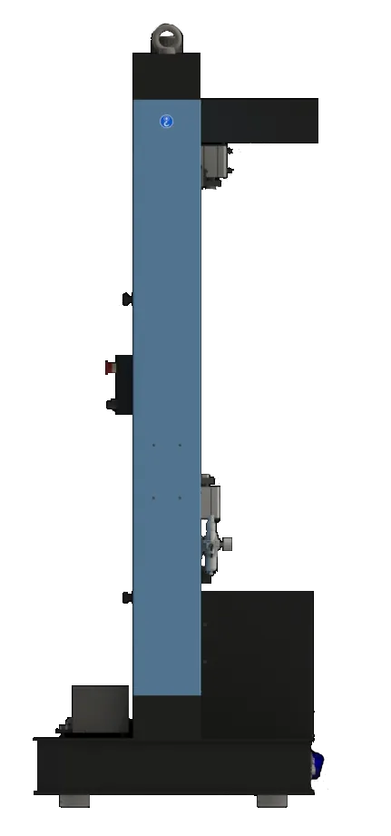 Side view of the Biopdi MBIOII-600-M2 floor-standing universal testing machine, with the tensile grips mounted and the rear cabinet