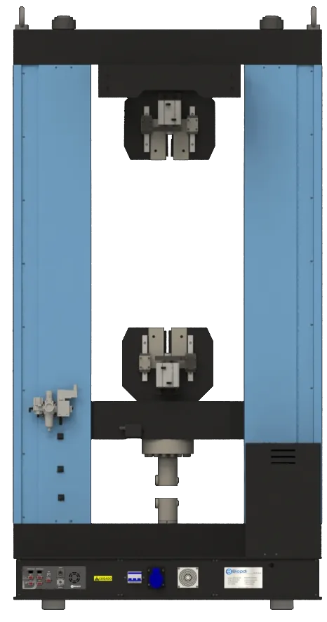 Rear view of the Biopdi MBIOII-600-M2 floor-standing universal testing machine, showing the upper and lower tensile grips and the connection panel on the base