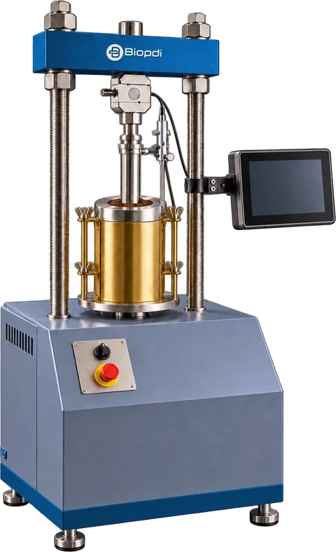 Biopdi automatic electric CBR and Marshall test press with the CBR fixture mounted, load cell, LVDT and touchscreen display