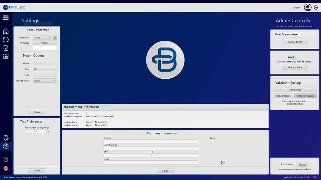 BioLab software: settings, equipment information and administrator controls