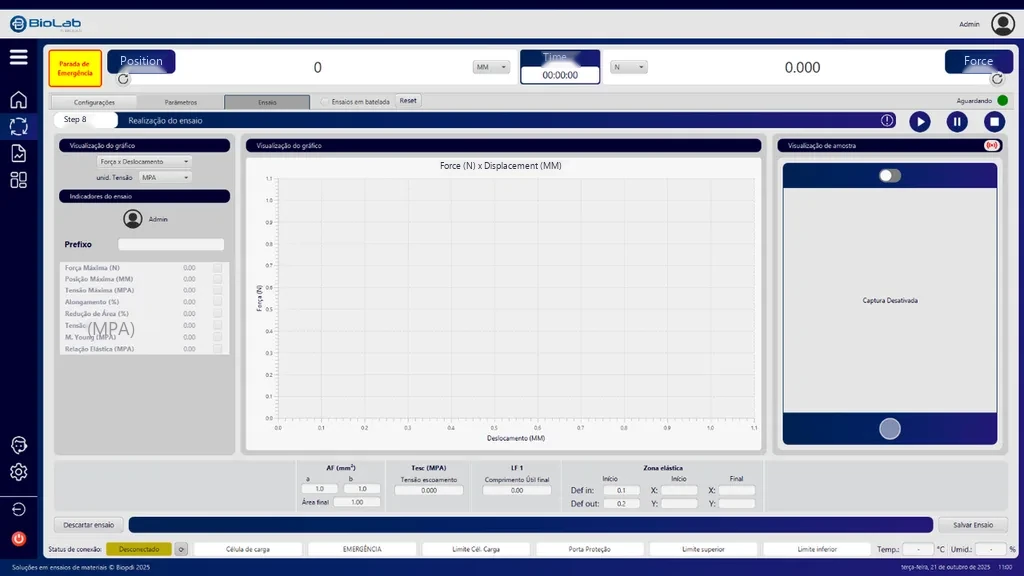 BioLab software: test screen with force and position readouts, real-time graph and specimen camera
