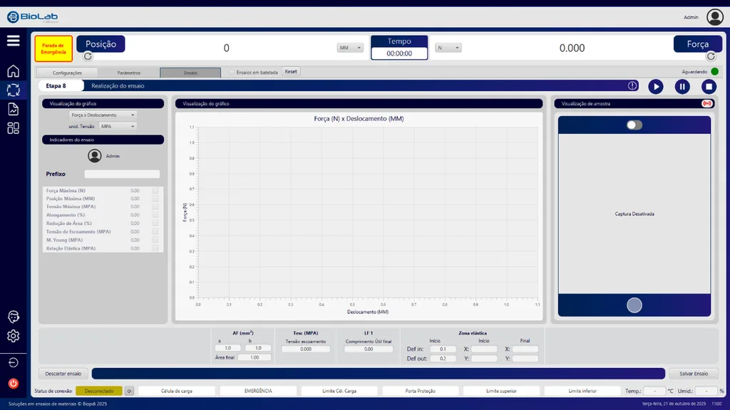 BioLab software: test screen with force and position readouts, real-time graph and specimen camera