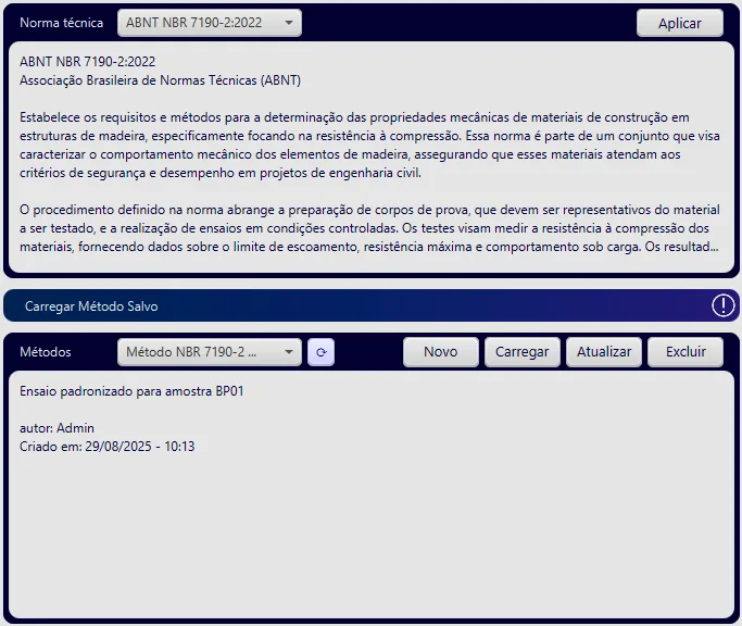 Selection of the ABNT NBR 7190-2:2022 technical standard and loading of a saved method in the BioLab software