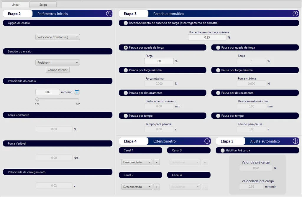 BioLab software test parameter screen with speed, automatic stop, extensometer channels and preload