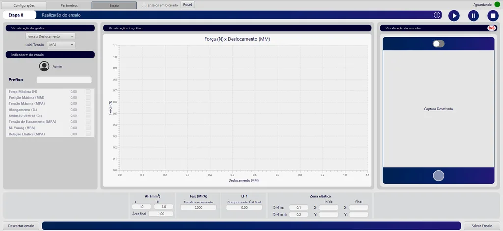 BioLab software test screen with a force vs. displacement chart, test indicators and a camera view of the specimen