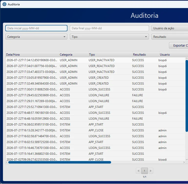 Audit window of the BioLab software with filters by date, category, type, result and user